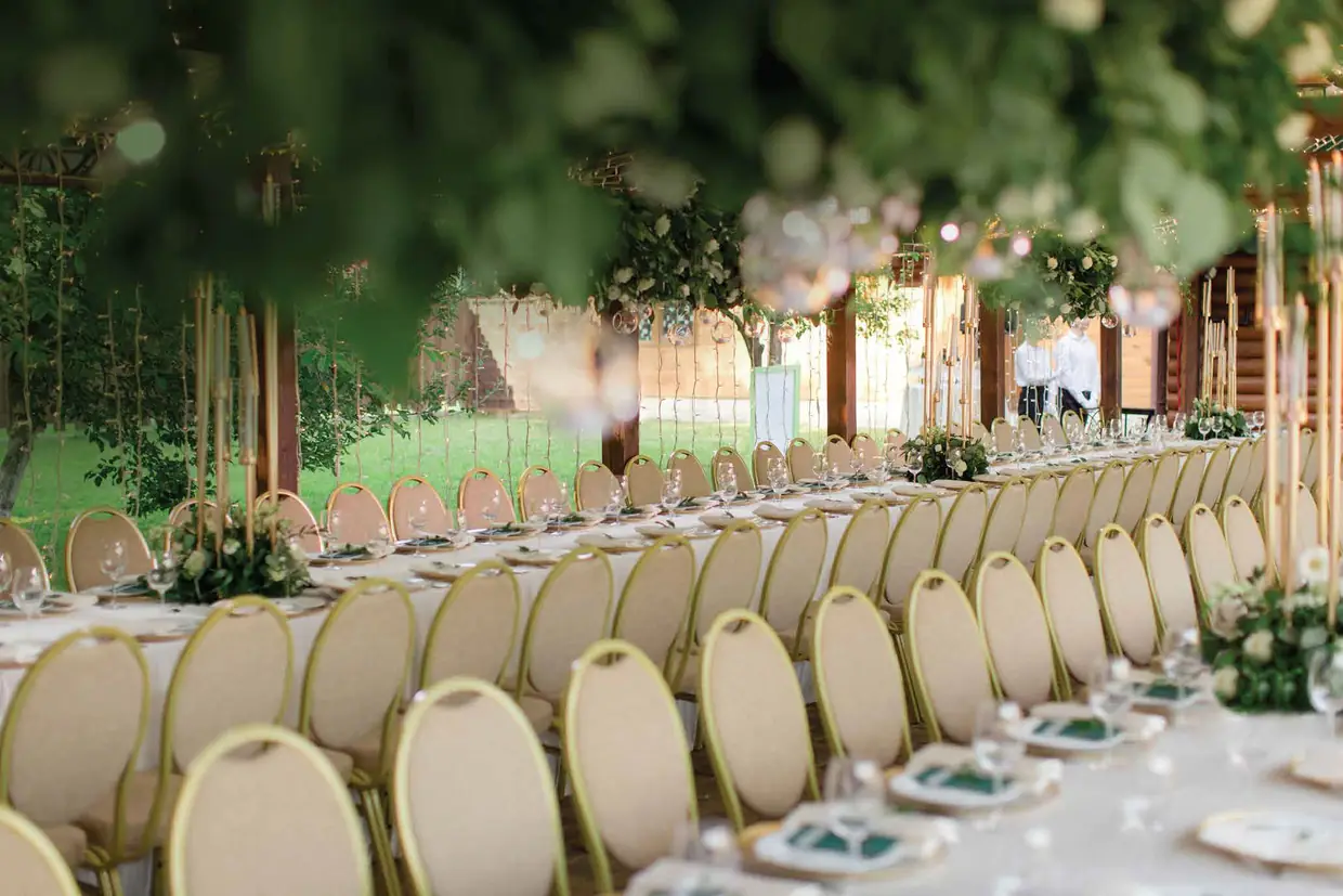 Banquet hall and event plaza amid greenery